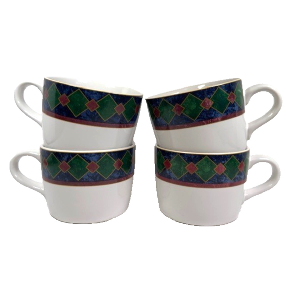 Pfaltzgraff Amalfi Classic 4 Flat Cups Navy/Burgundy/Green Geometric Serving VTG